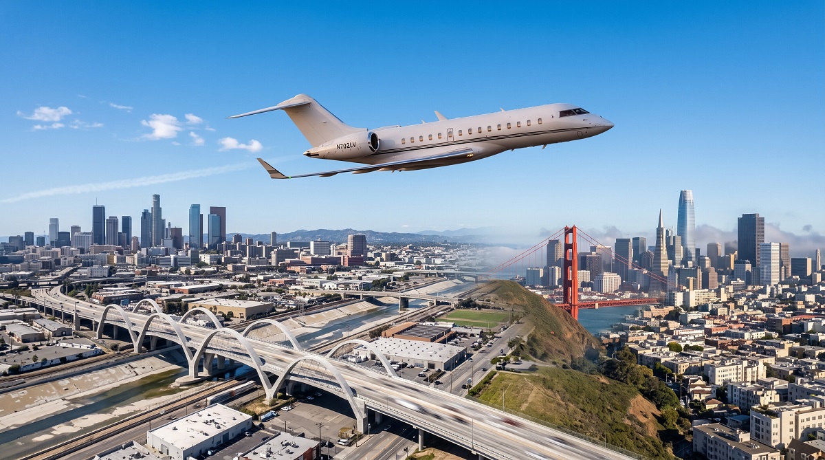 Private jet flying between the Los Angeles and San Francisco skylines