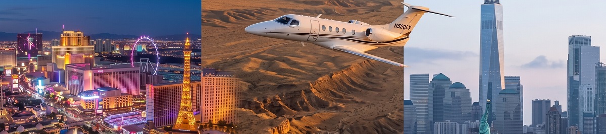 Private jet flying from the Los Angeles skyline toward the Las Vegas skyline at sunset