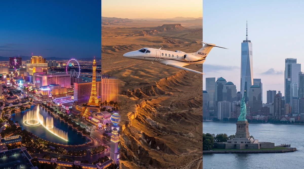 Private jet flying between the New York City and Las Vegas skylines over a desert landscape