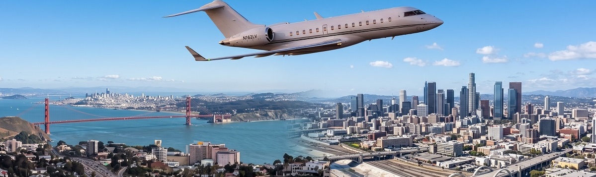Private jet flying from the Golden Gate Bridge toward downtown Los Angeles