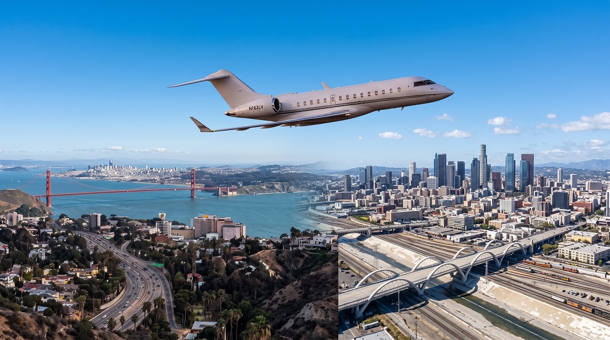 Private jet flying between the San Francisco and Los Angeles skylines