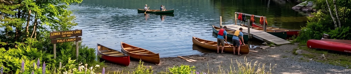 Canoes at the public launch on Lower Saranac Lake in New York's Adirondack Mountains
