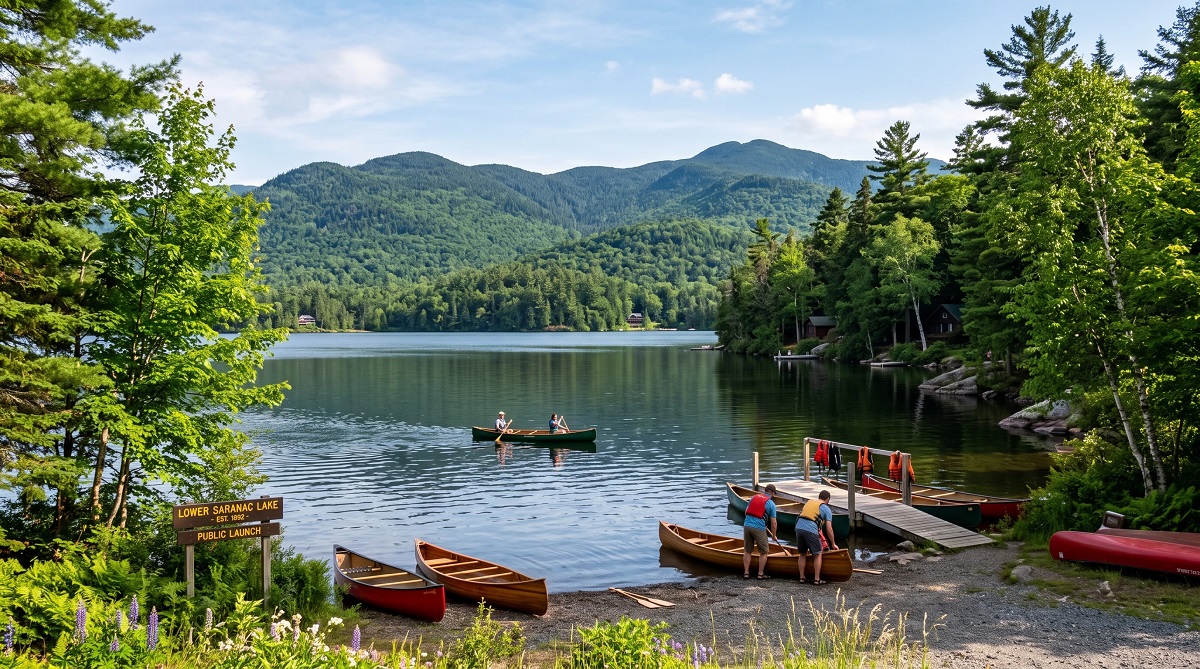 Canoes at the public launch on Lower Saranac Lake in New York's Adirondack Mountains