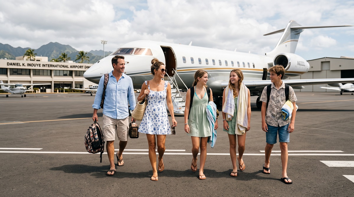 Family arriving by private jet at Daniel K. Inouye International Airport in Honolulu