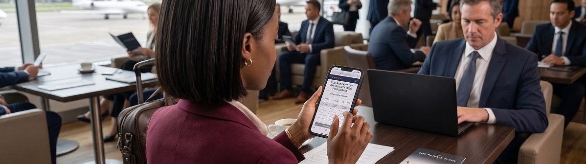 Traveler using a smartphone to review a private jet frequent flyer program in a private lounge overlooking business jets