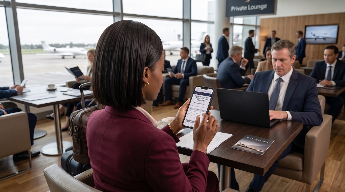 Traveler reviewing a private jet frequent flyer program on a smartphone while waiting in a private aviation lounge