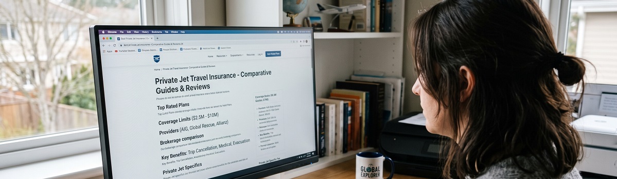 Traveler reviewing private jet travel insurance guides and policy comparisons before booking a private jet charter