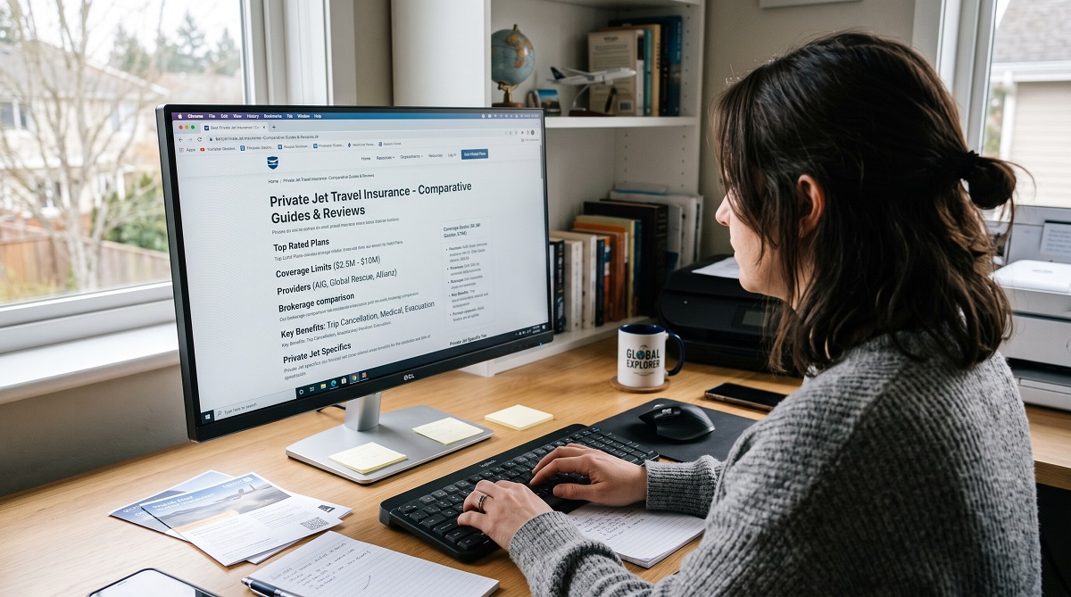 Traveler researching private jet travel insurance options and coverage on a desktop computer before booking a private jet charter