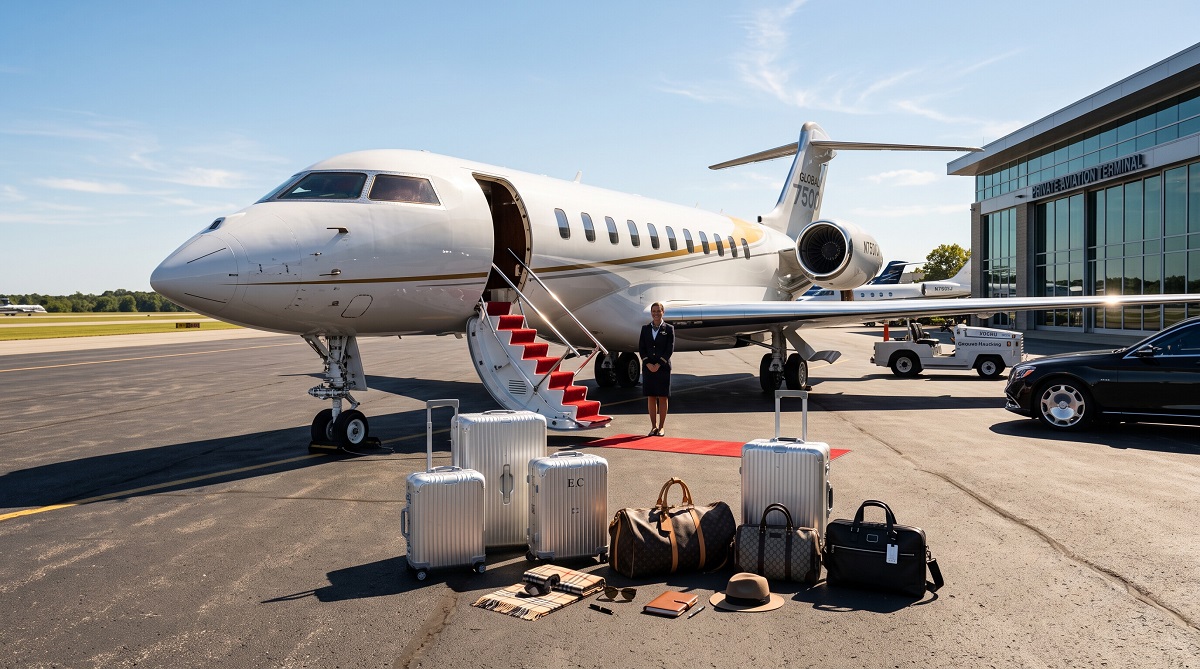 Private jet parked at a private aviation terminal ready for departure with passenger luggage on the ramp