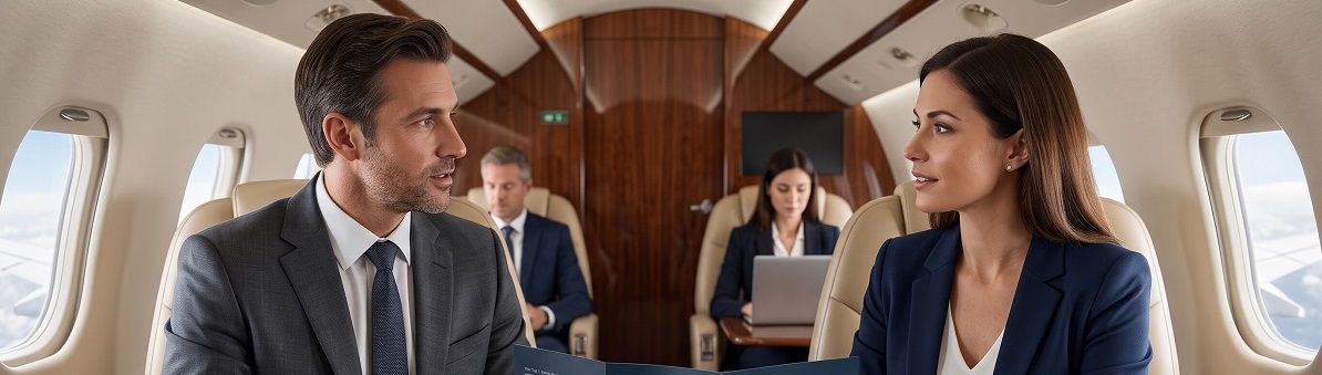 Business travelers comparing private jet charter services inside a private jet cabin