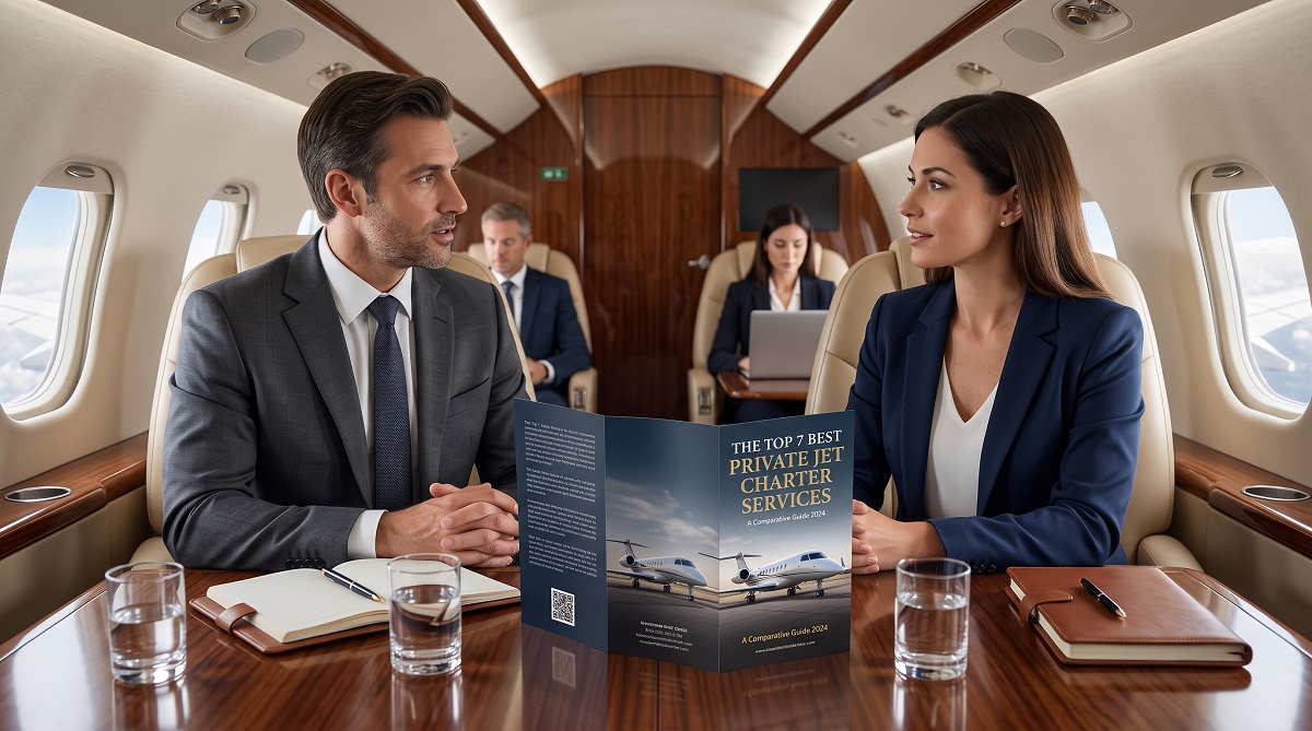 Business travelers discussing private jet charter services aboard a private jet while reviewing a comparison guide