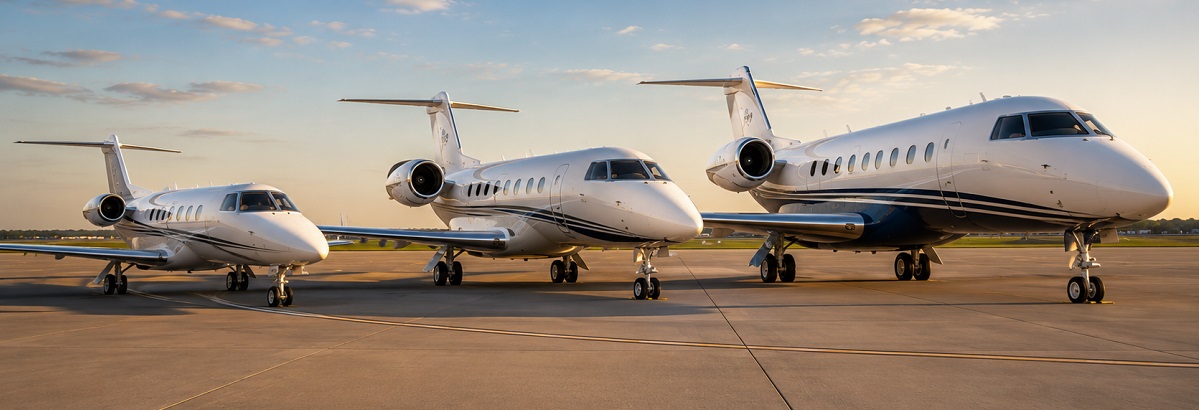 Three private jets of different sizes parked together on an airport ramp