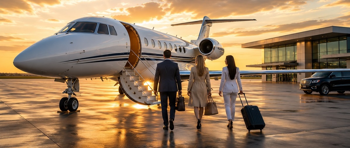 Travelers approaching a private jet for a charter flight