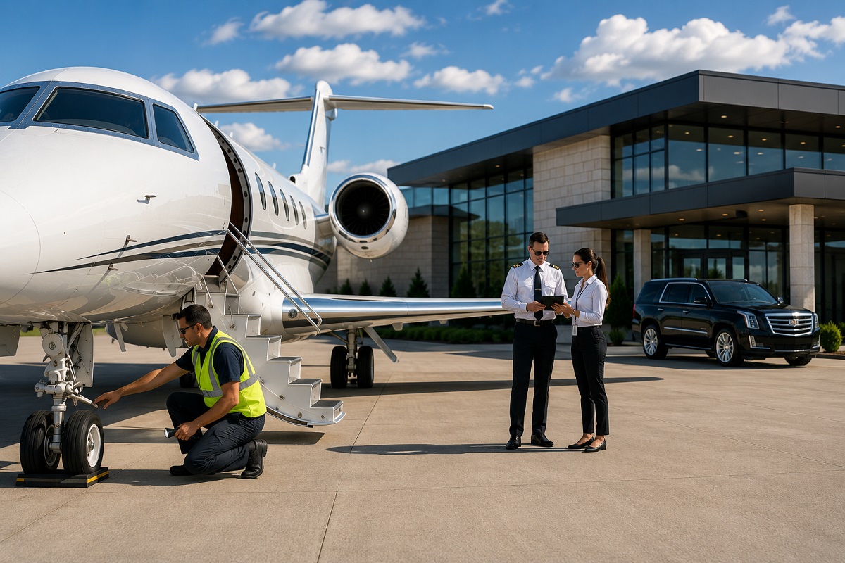 Ground crew inspecting a private jet outside a modern FBO as flight personnel review trip information