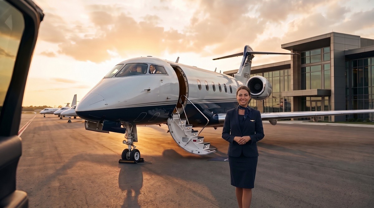 Private jet ready for boarding outside an FBO with a flight attendant welcoming the arriving passenger