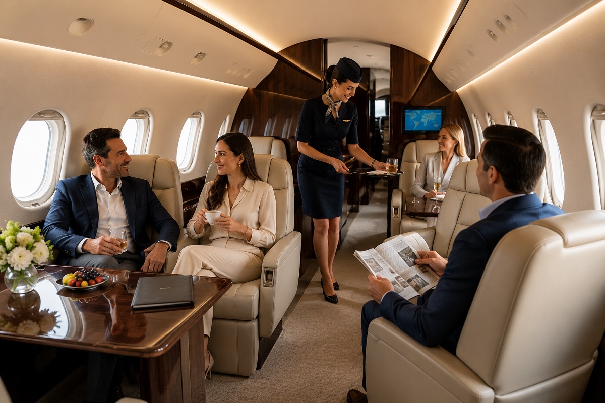 Travelers seated inside a private jet cabin as a flight attendant provides onboard service