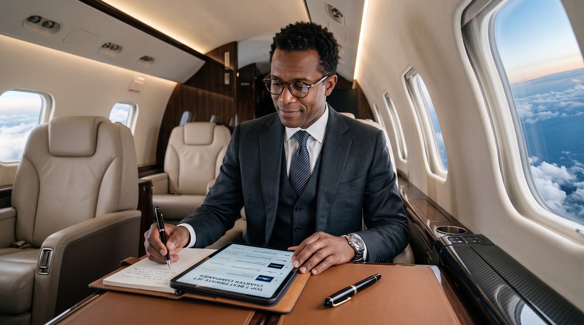 Business traveler reviewing private jet travel information on a tablet inside a private jet cabin