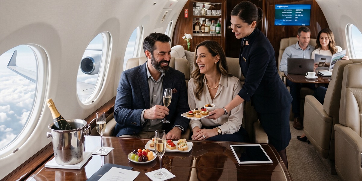 Passengers enjoying personalized service inside a private jet cabin during a private jet flight