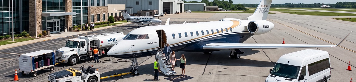 Bombardier Global 7500 parked at a Signature Flight Support FBO with passengers boarding and ground crew preparing the aircraft for departure.