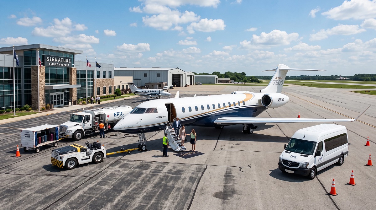 Passengers boarding a Bombardier Global 7500 at a Signature Flight Support FBO before departure.