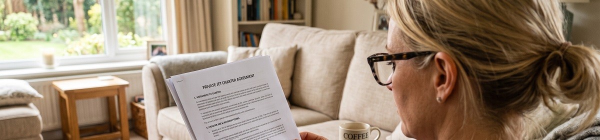Woman reading a private jet charter agreement while seated at home