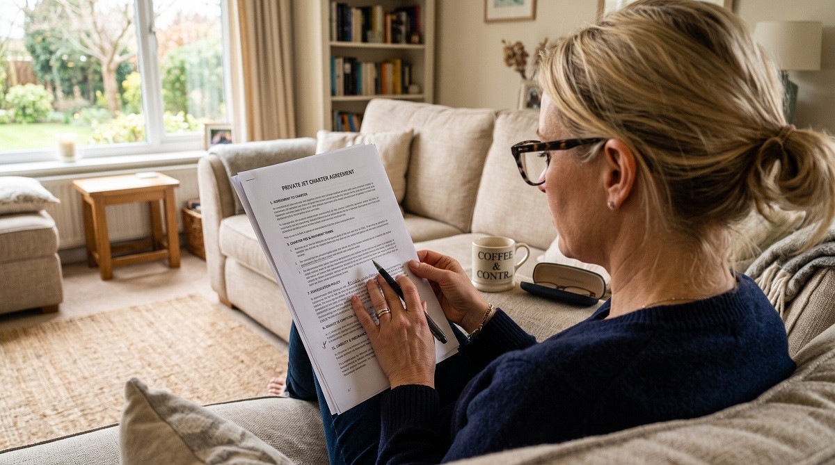 Woman reviewing a private jet charter agreement at home