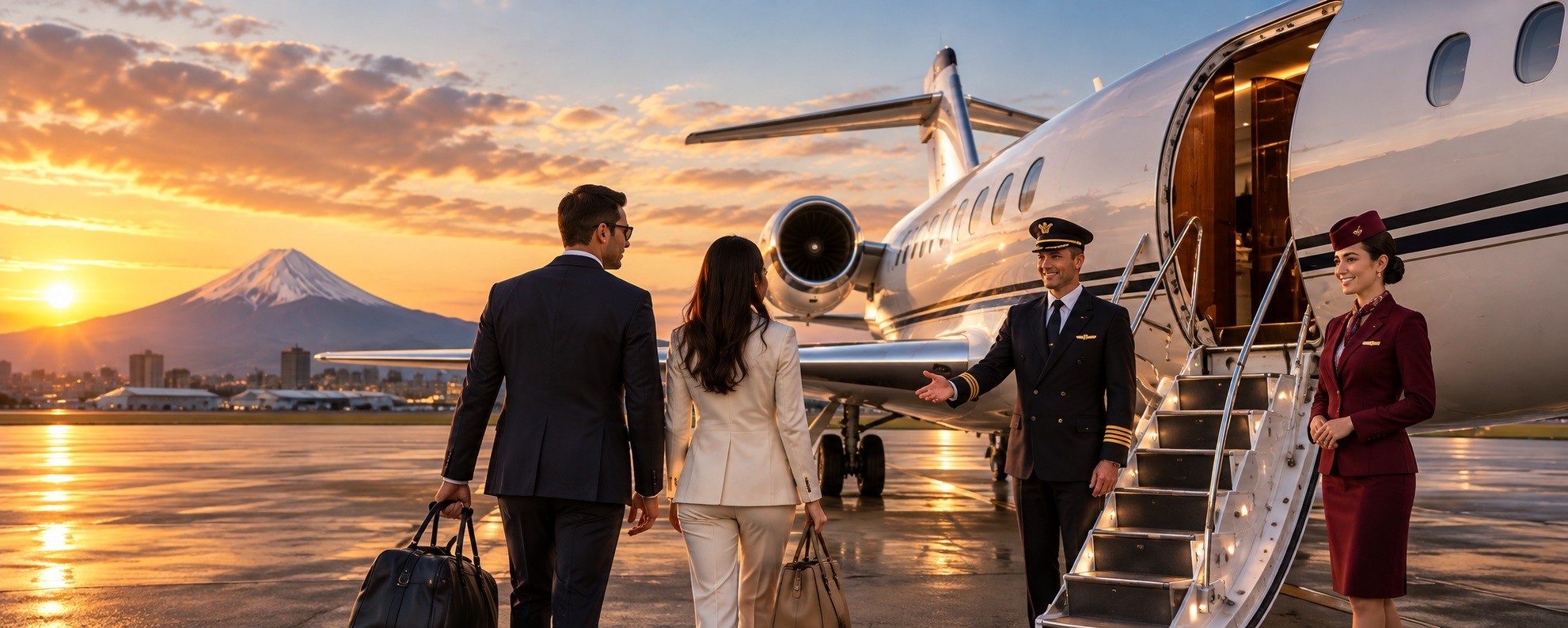 Private jet passengers welcomed by pilot and flight attendant with Mount Fuji at sunset