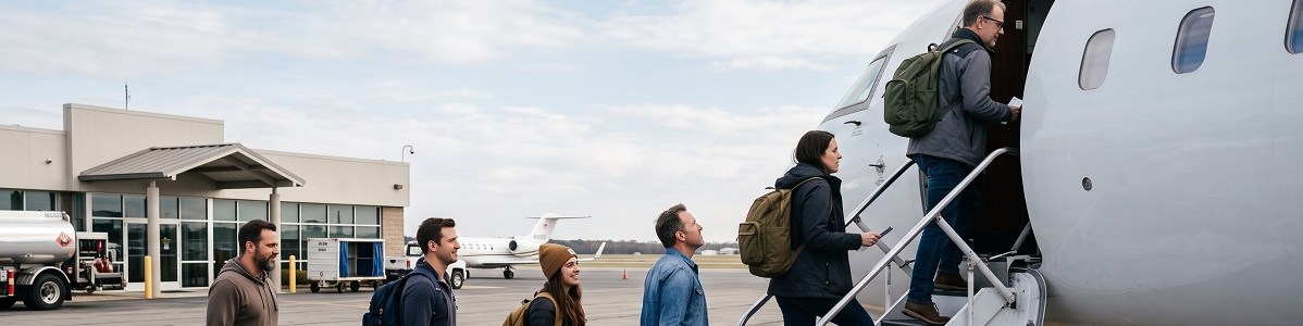 Passengers boarding a shared private jet by the seat at a private aviation terminal