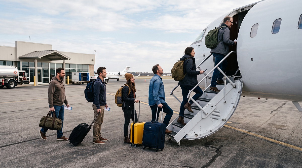 Travelers with individual luggage boarding a shared private jet by the seat from the tarmac