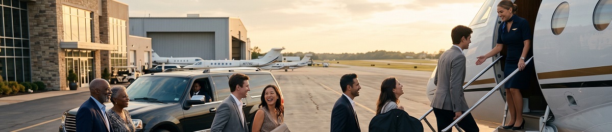 Travelers in formal attire approaching a private jet as a flight attendant welcomes a passenger aboard