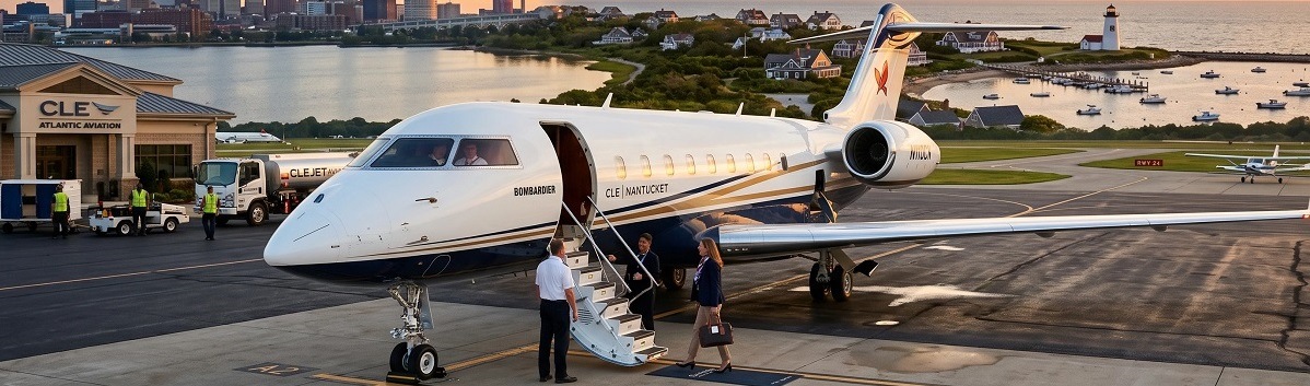 Private jet on the tarmac with a female passenger boarding and coastal scenery behind it