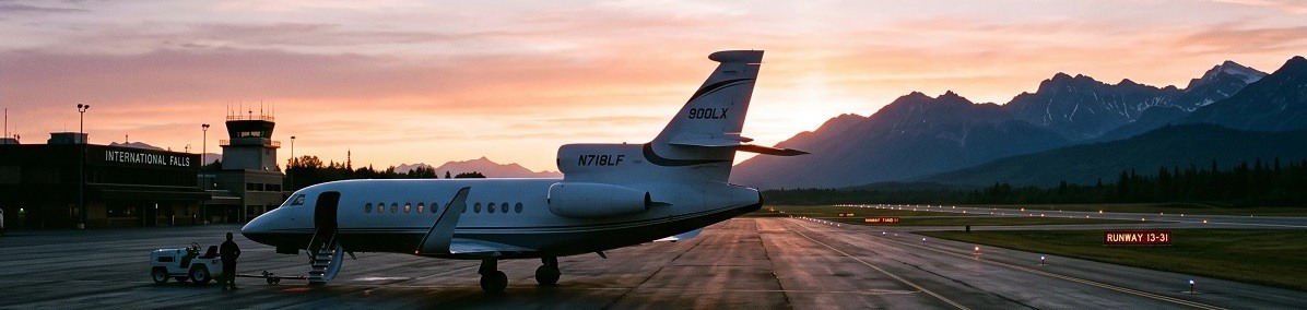 Private jet preparing to depart International Falls for Lincoln at sunset