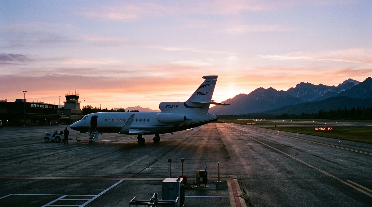 Private jet preparing to depart International Falls for Lincoln at sunset