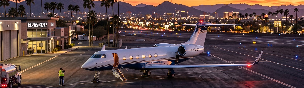 Private jet on the Scottsdale Airport tarmac at sunset