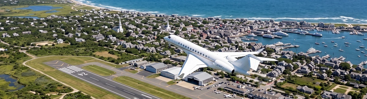 Private jet taking off from Nantucket Memorial Airport with an aerial view of the island town and Atlantic coastline