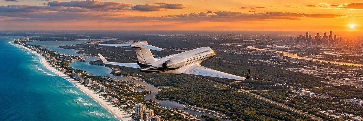 Private jet flying from the Panama City coastline toward Houston at sunset
