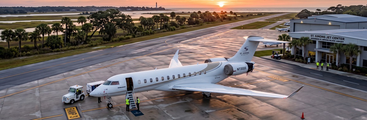Private jet at McKinnon St. Simons Airport with the St Simons Island coastline at sunset