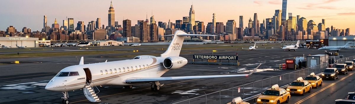 Private jet on the tarmac at Teterboro Airport with the New York City skyline behind it