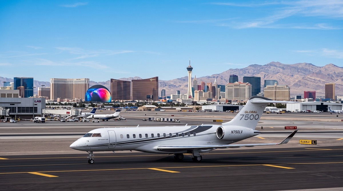 Private jet at Harry Reid International Airport in Las Vegas before a flight to Van Nuys