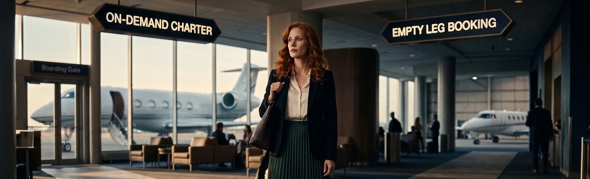A woman standing between on-demand charter and empty leg booking signs, with private jets beyond the terminal windows